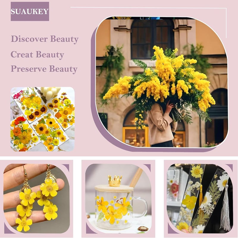 suaukey 94 Pcs Yellow Pressed Dried Flowers for Resin, Real Natural Bulk Dry Wildflowers Leaves Perfect for Epoxy Molds, DIY Crafts, Home Decor, Soap Candles Jewelry Making - Image 3